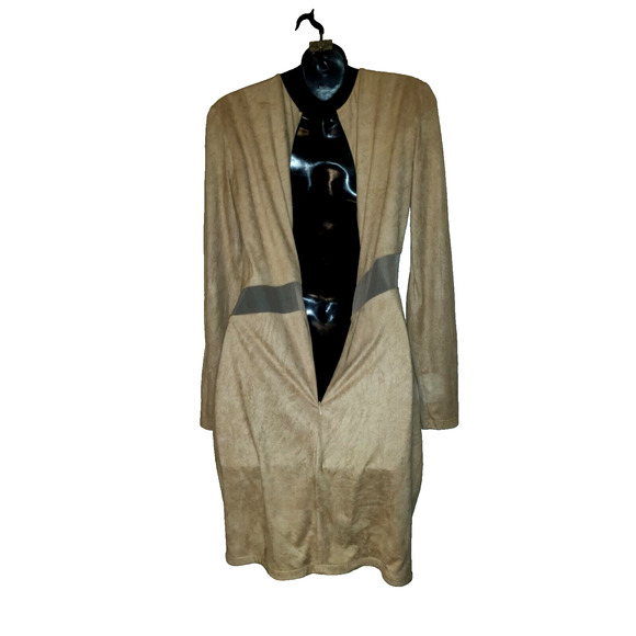 Va Va Voom Dress BODYCON Beige See-thru Mesh Panels Faux Suede Vintage Y2K M - Picture 10 of 15